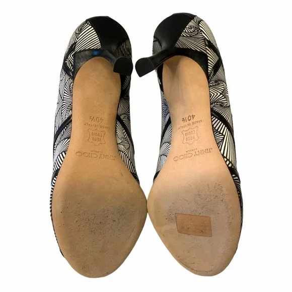 Jimmy Choo Hardy Silk Peep Toe Pumps Art Deco Print Nappa Leather 40.5 1…